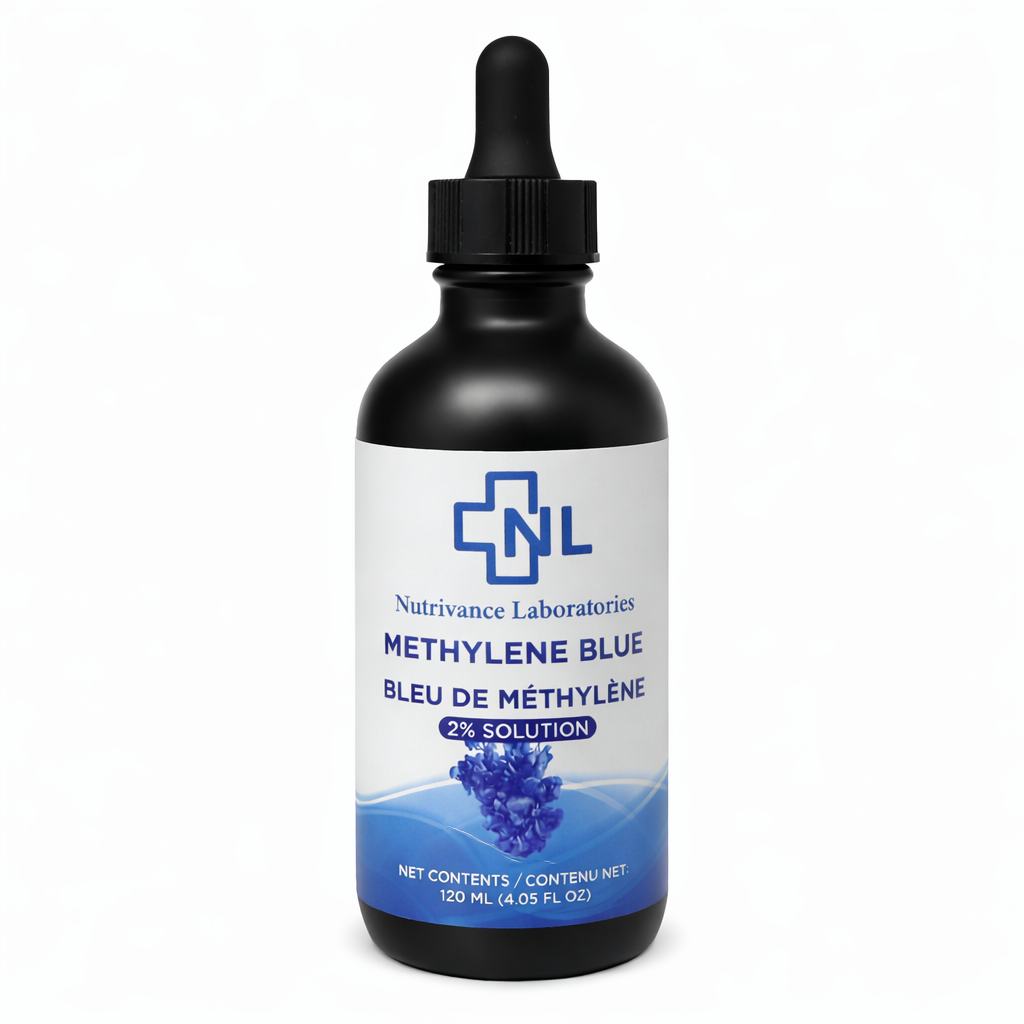 Methylene blue 2% solution bottle with dropper, pharmaceutical grade lab-tested purity