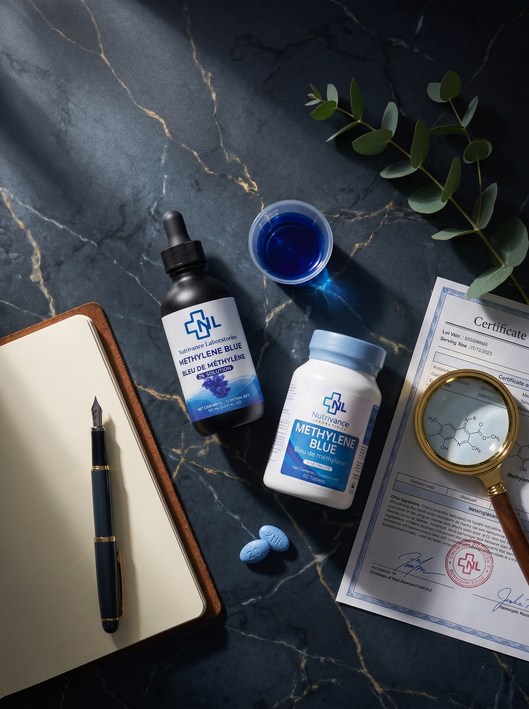 Methylene blue liquid bottle and tablet bottle displayed together, high-quality methylene blue products designed for precision and consistency.