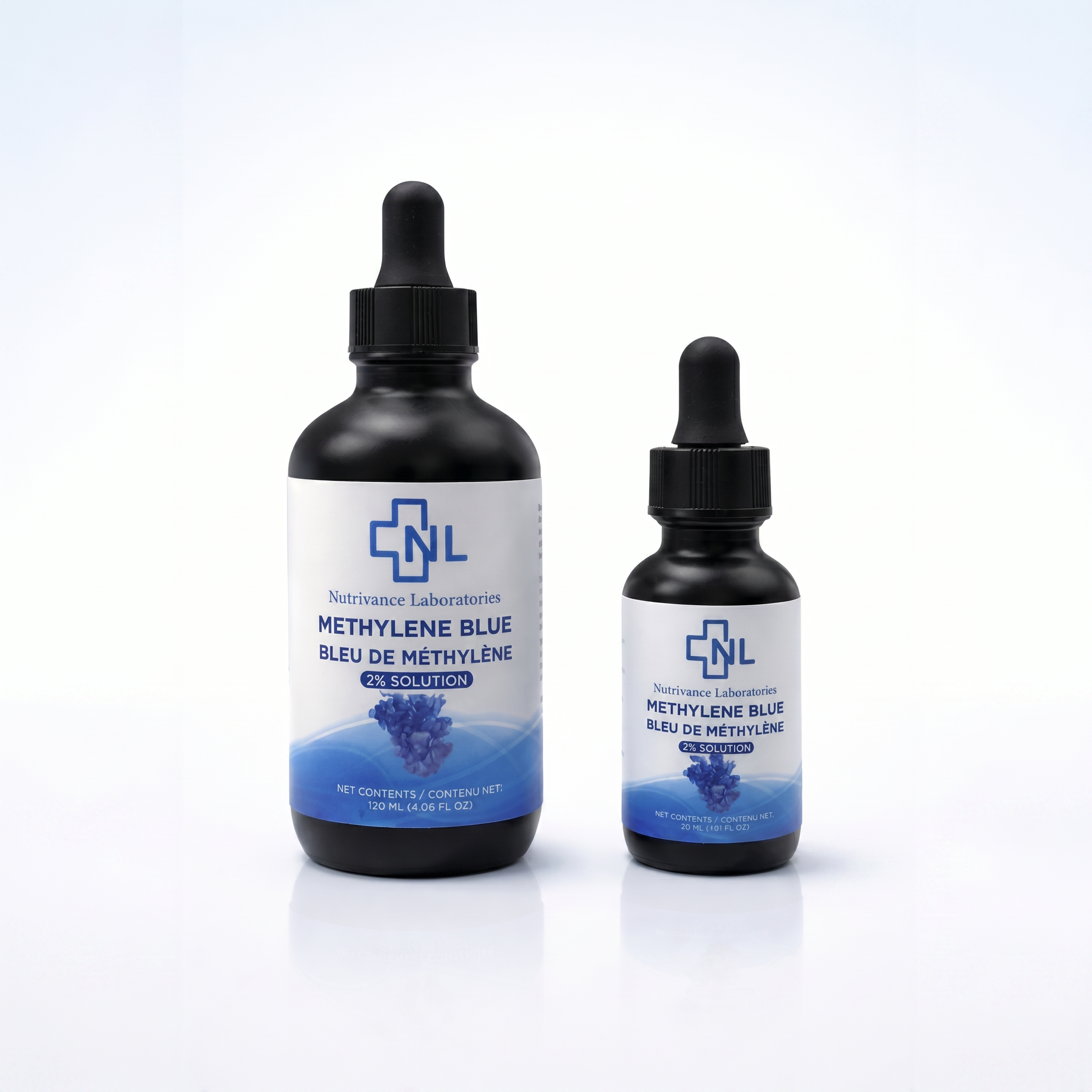 Bottle of USP-grade methylene blue liquid standing upright on a clean white background with label clearly visible. Manufactured in Canada using high-quality ingredients and strict quality control standards. This premium methylene blue solution is packaged in a durable blue glass bottle with a child-resistant cap and dropper, showcasing professional presentation, purity testing, and attention to product consistency.