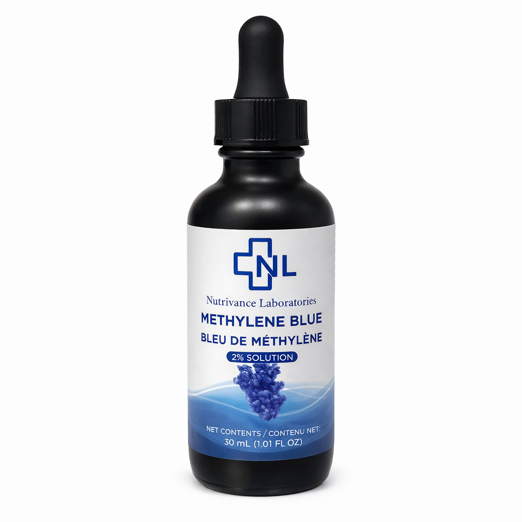 Pharmaceutical grade methylene blue 2% solution in glass bottle with dropper, high purity lab verified compound, shown in crisp product image with minimal design and clinical aesthetic appeal