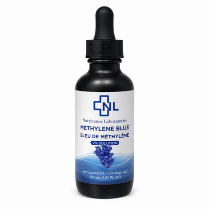 Pharmaceutical grade methylene blue 2% solution in glass bottle with dropper, high purity lab verified compound, shown in crisp product image with minimal design and clinical aesthetic appeal