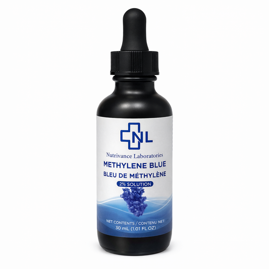 Pharmaceutical grade methylene blue 2% solution in glass bottle with dropper, high purity lab verified compound, shown in crisp product image with minimal design and clinical aesthetic appeal