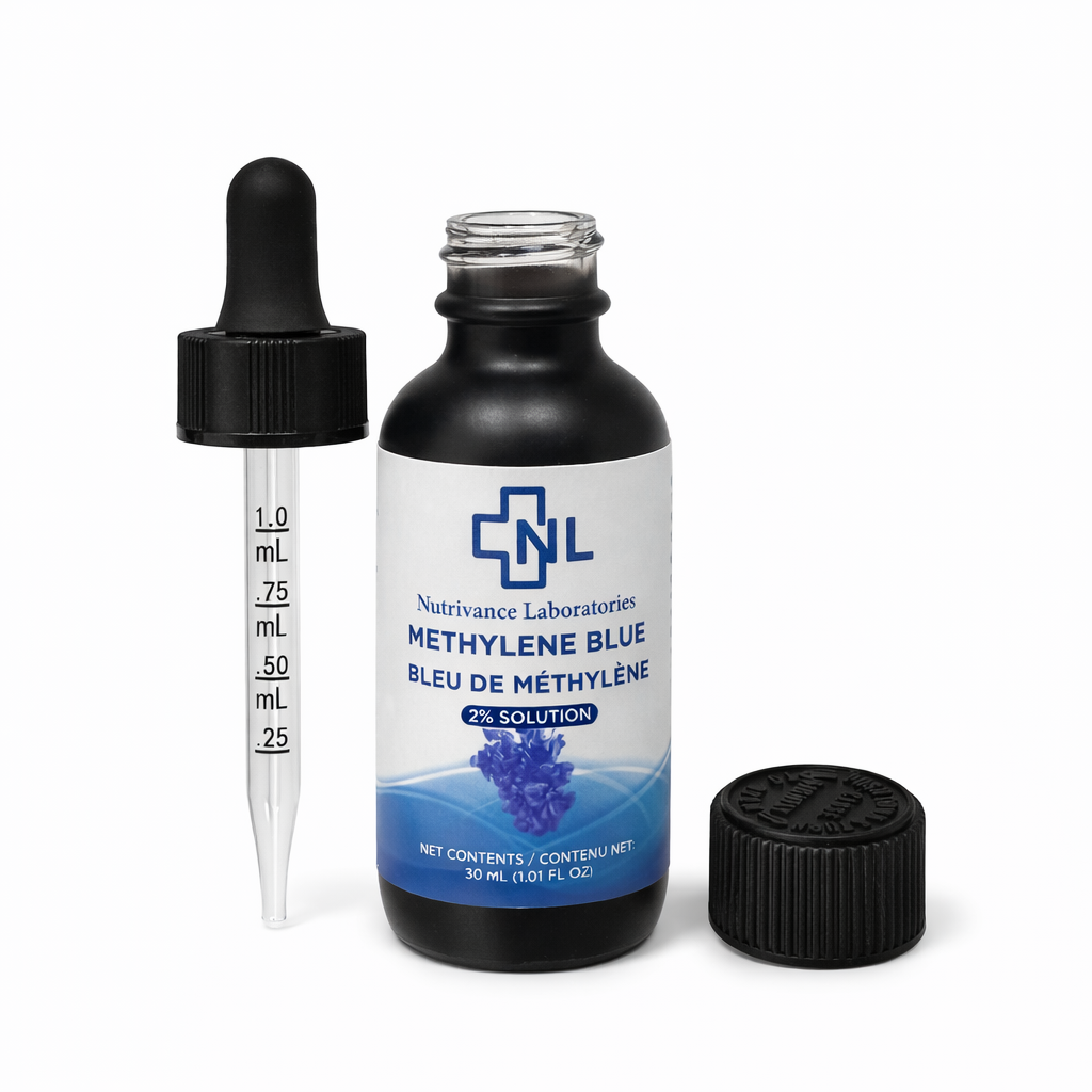 Methylene blue 2% solution product shot featuring rich blue liquid in dropper bottle, lab tested and quality controlled, presented in a clean and modern setting for supplement and research use