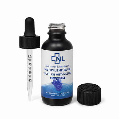 Methylene blue 2% solution product shot featuring rich blue liquid in dropper bottle, lab tested and quality controlled, presented in a clean and modern setting for supplement and research use