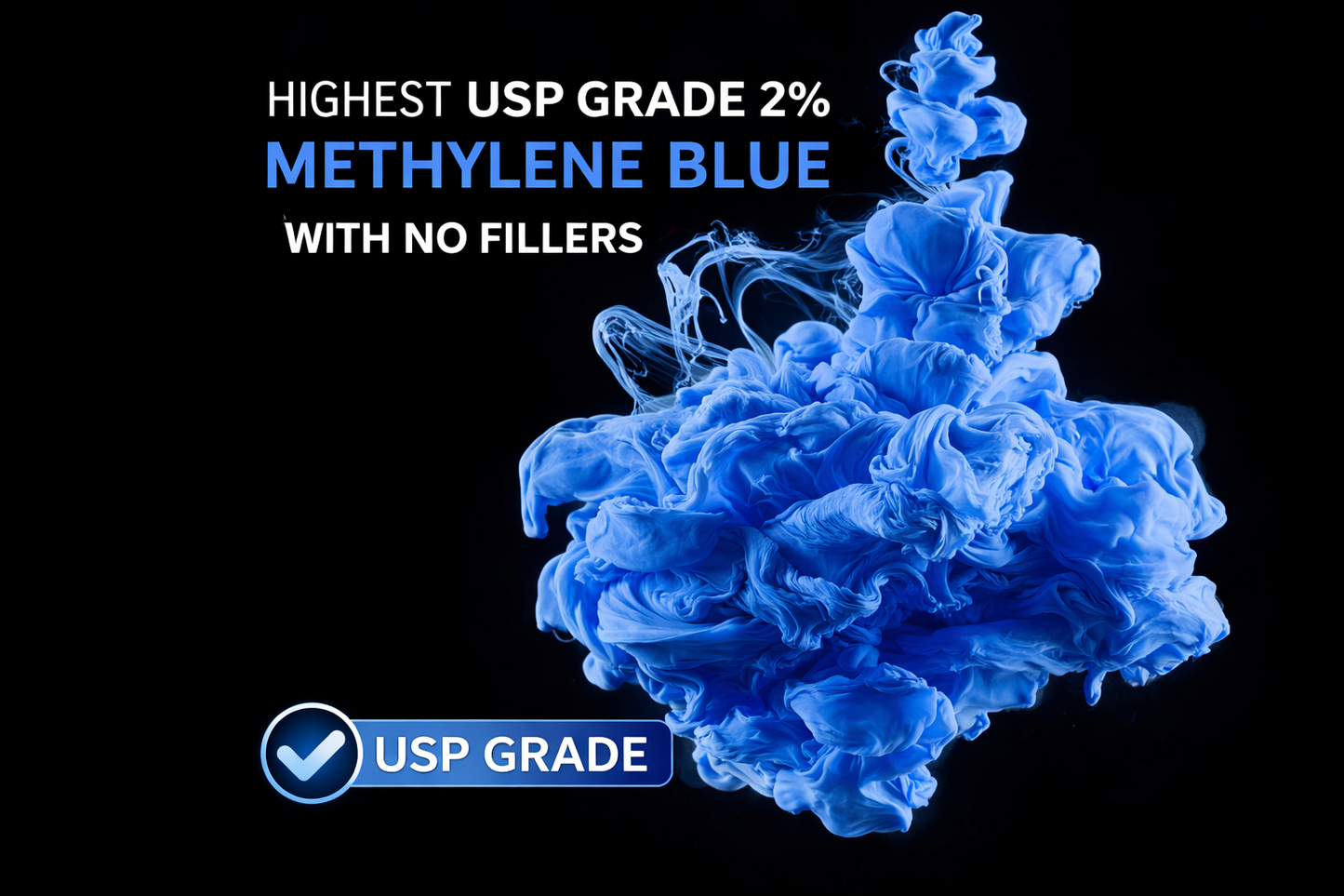 Premium methylene blue 2 percent solution bottle with dropper cap, lab tested for purity and consistency, vibrant blue liquid in clean product photography setup with neutral background and focus lighting