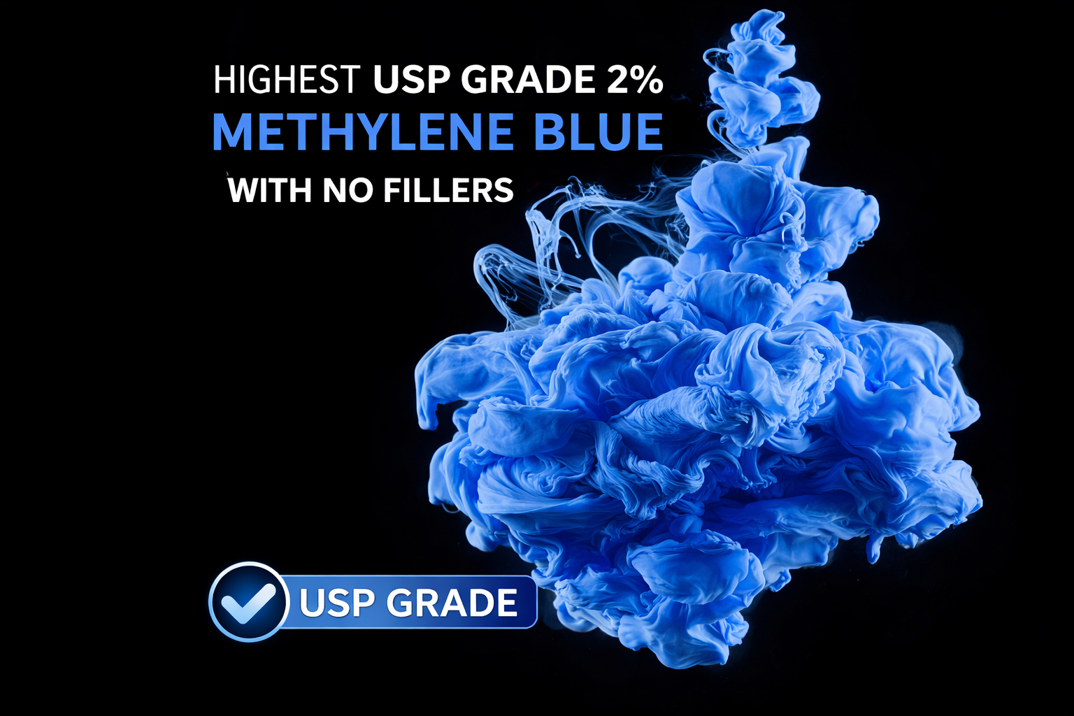 Premium methylene blue 2 percent solution bottle with dropper cap, lab tested for purity and consistency, vibrant blue liquid in clean product photography setup with neutral background and focus lighting