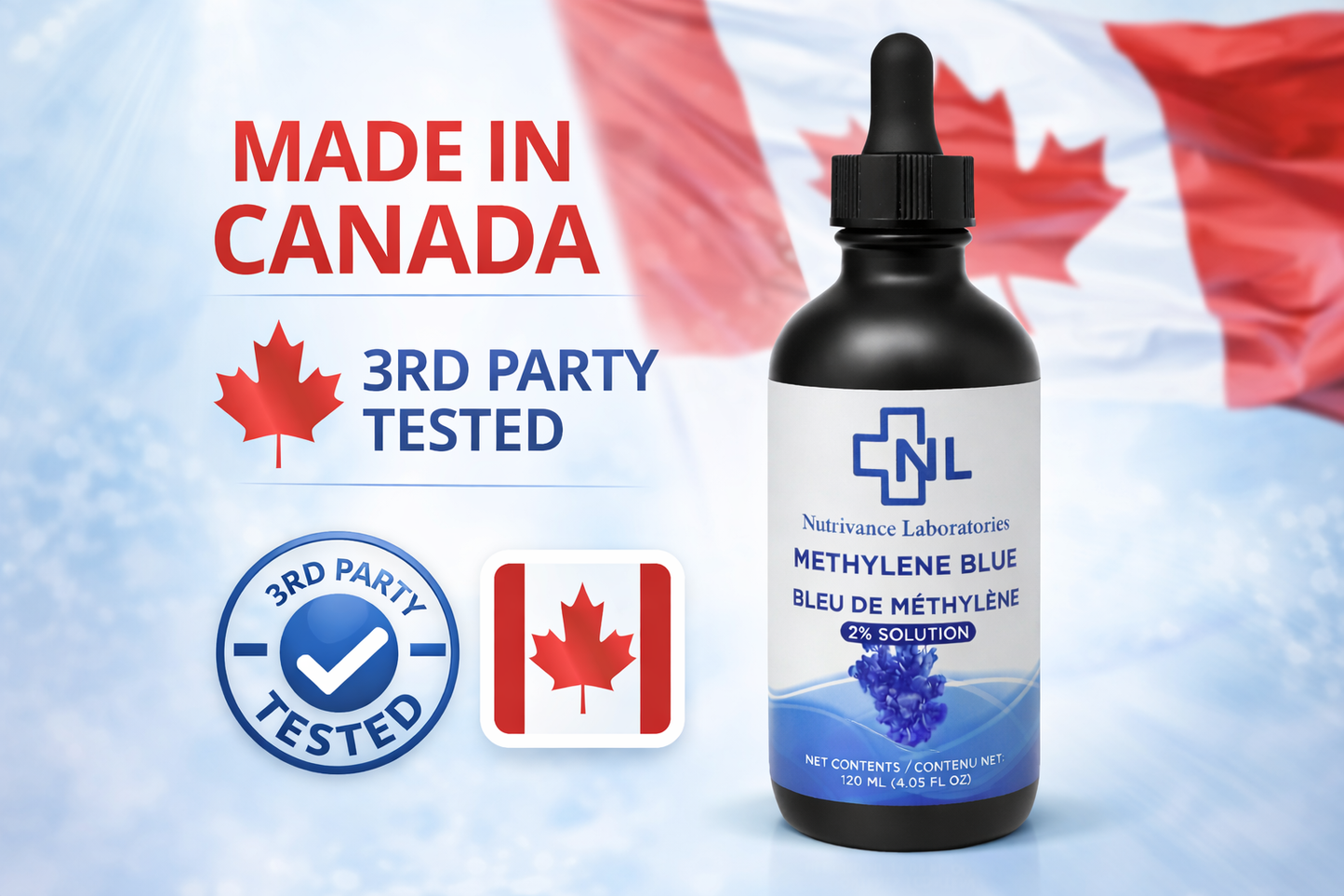lose-up of methylene blue liquid 2% solution in amber glass bottle with dropper, high purity compound tested for quality, displayed in a modern lab-style environment with sharp detail and clarity